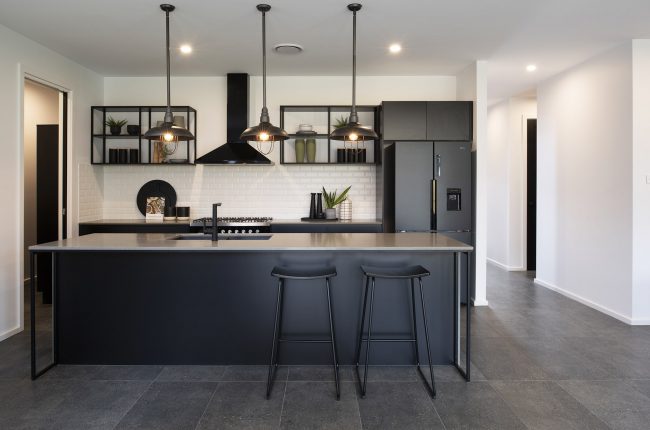 Cayman 287 kitchen design with white brick splashback