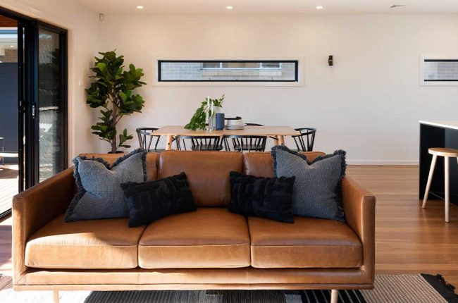 Coolum 266 living room with brown leather couch