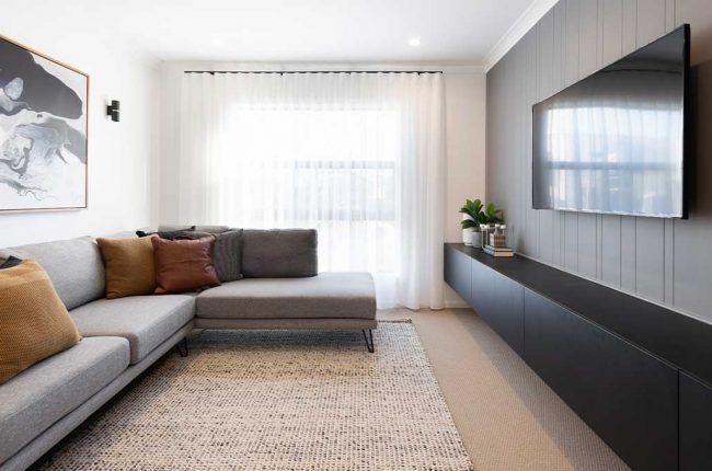 Minimalist theatre room in the Coolum 266 Home Design