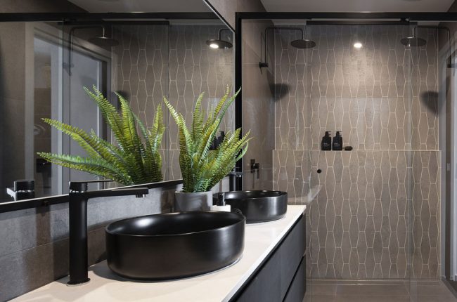 Cayman 349 with geometric stone bathroom design