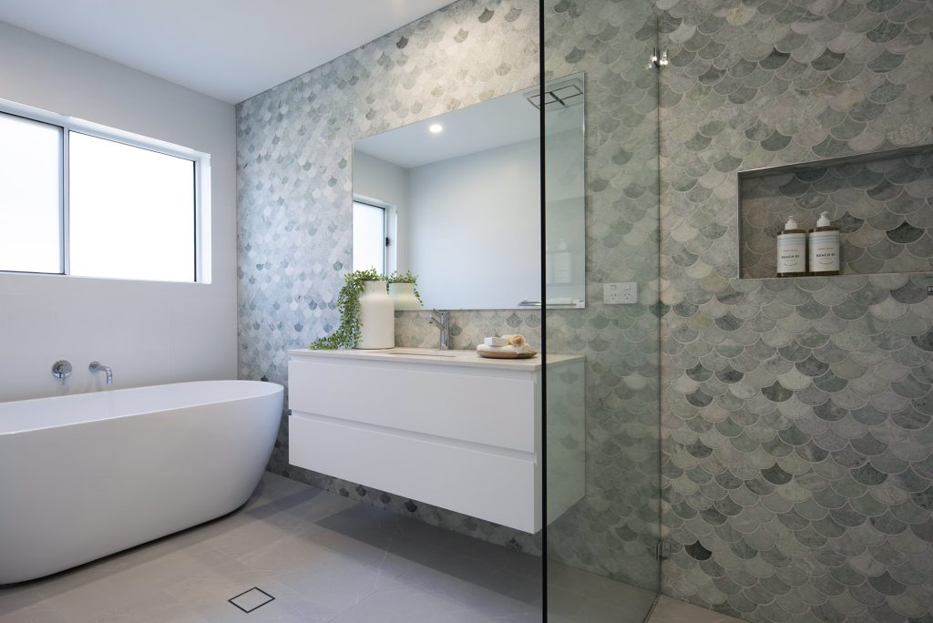 fishscale feature tile in bathroom